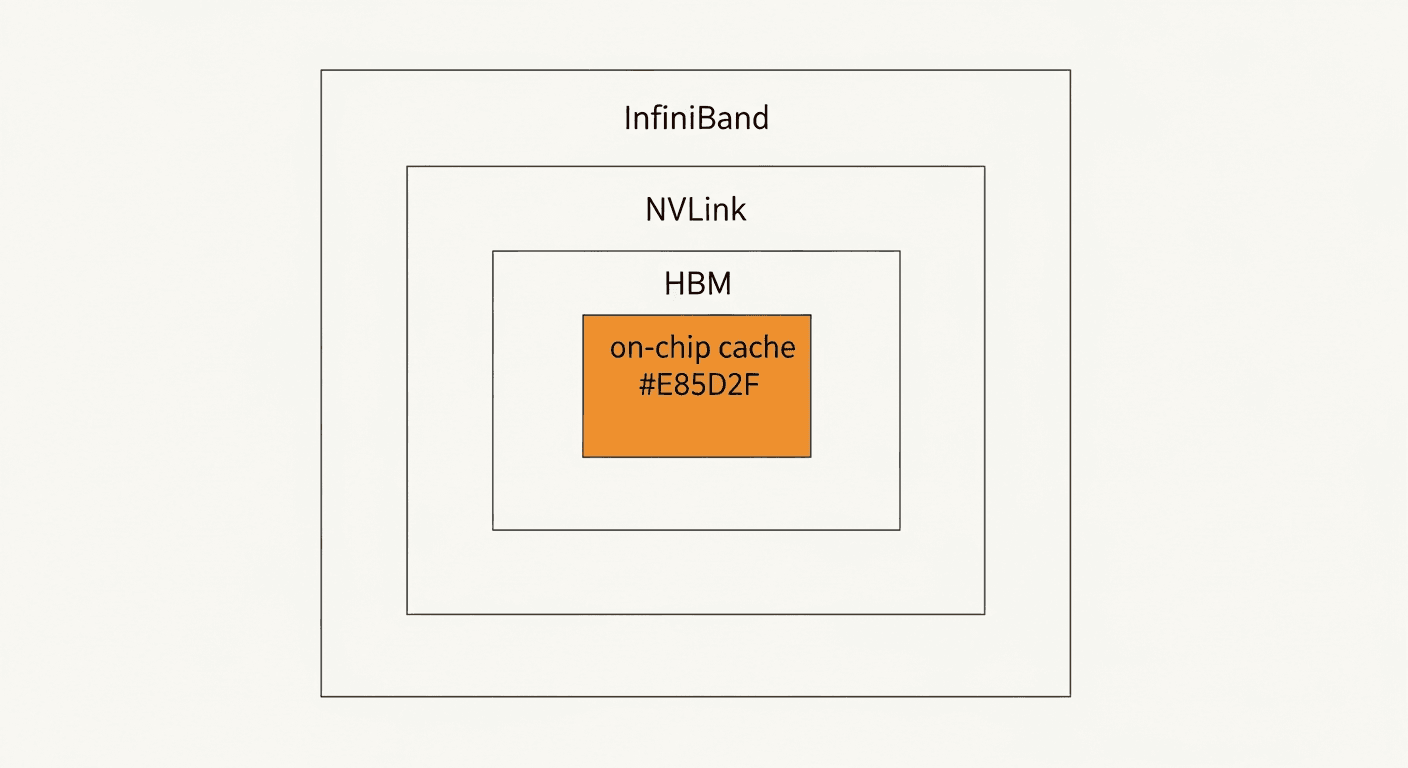 The memory hierarchy that wafer-scale integration collapses: four nested tiers of diminishing bandwidth, each boundary a tax on model throughput.