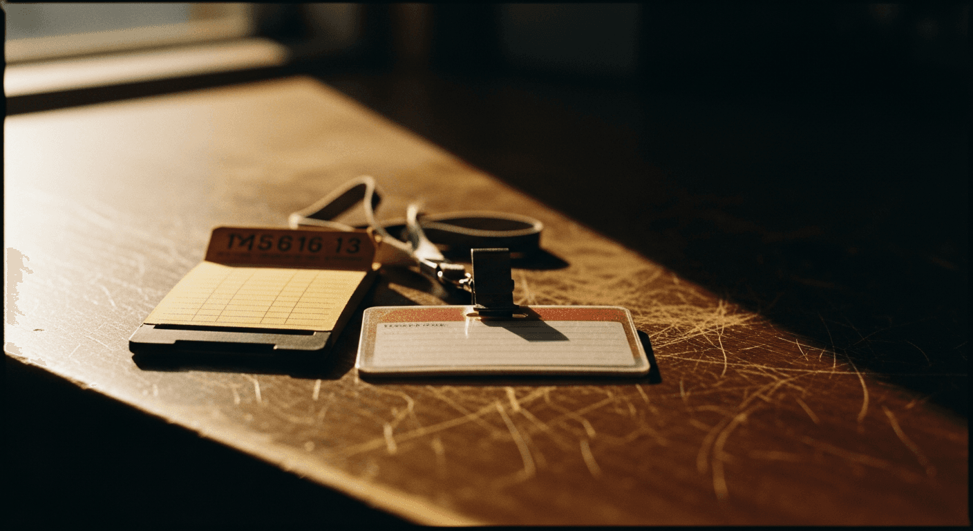 A punch-clock card and a staff badge. The instruments measuring the worker, not the work.