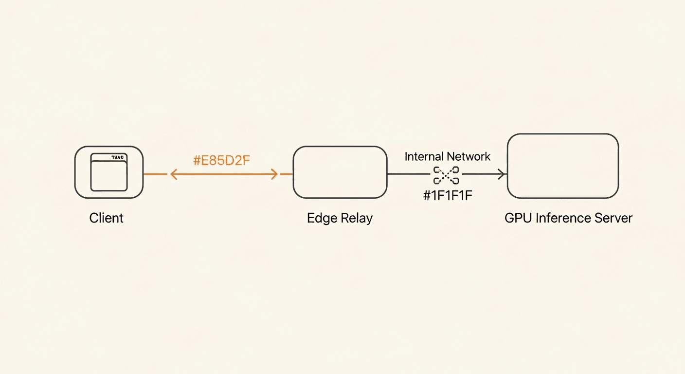 The relay-plus-transceiver split: a client's WebRTC session terminates at a nearby edge relay, while a separate internal-network leg carries clean audio frames to the model server.