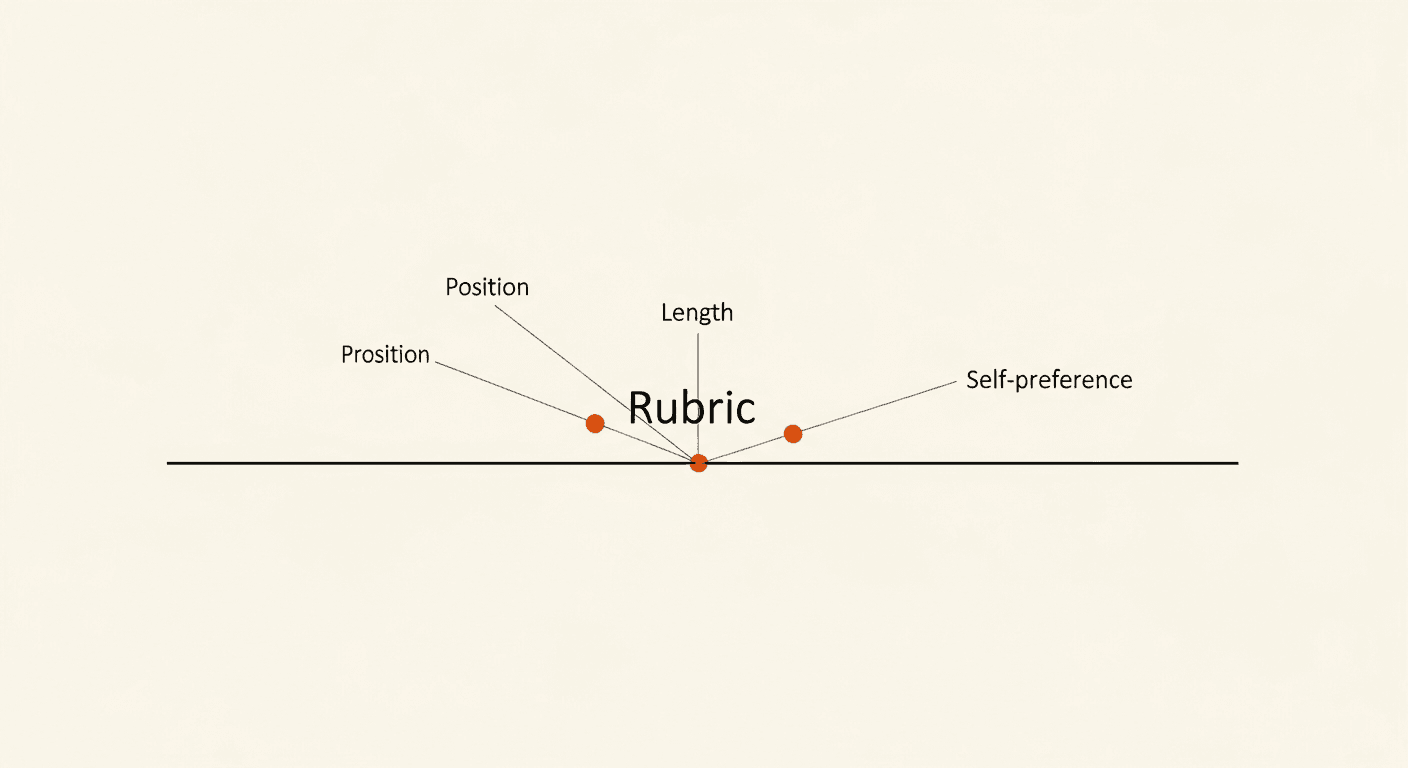 Bias vectors — position, length, self-preference — run orthogonal to the rubric axis, demanding calibration before any judge score can be trusted as signal.